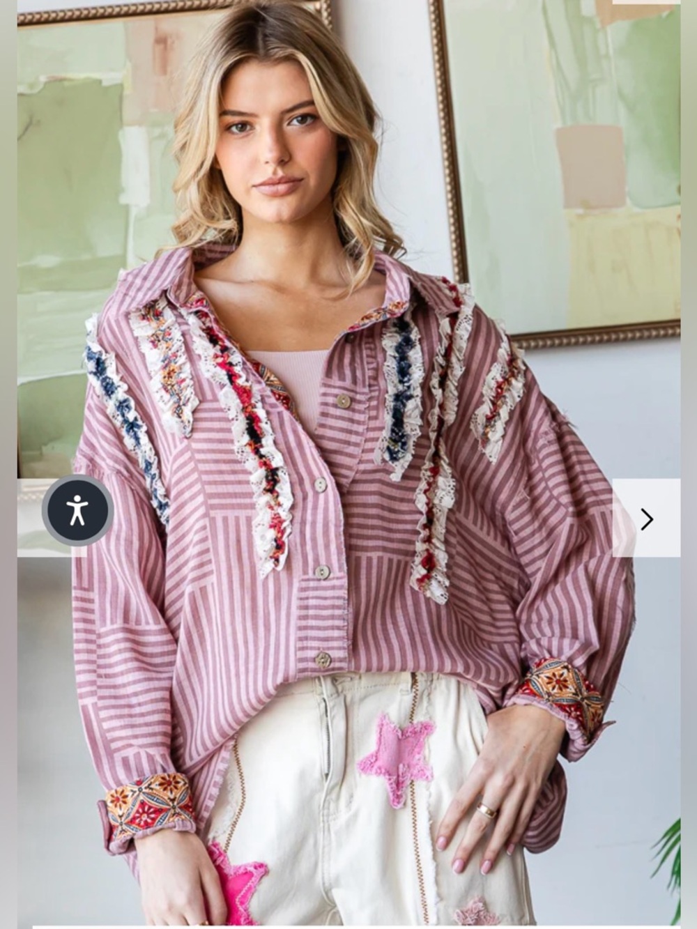 110. NEW Oli & Hali Striped Pink Button-Front Women’s Shirt with Fringe Detail - Picture 2 of 5